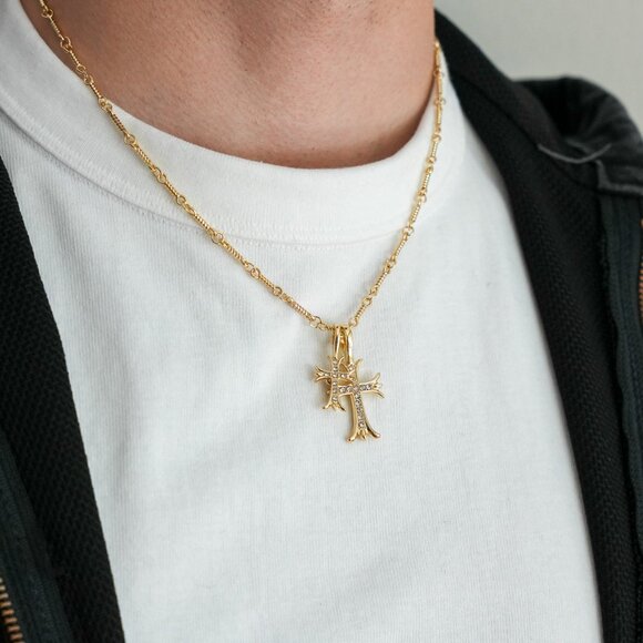 gold double cross dimond stone pendant necklace - Picture 10 of 11